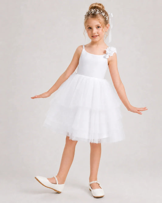 White Tulle A-line Girls Formal Dress Front View