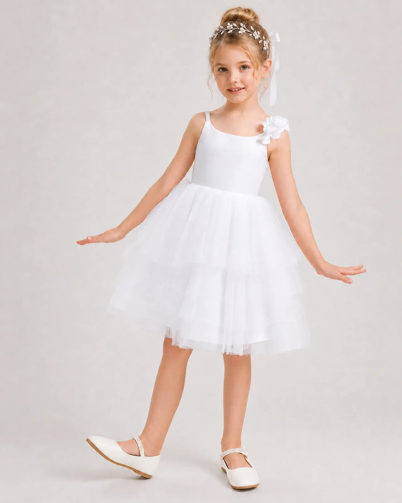 White Tulle A-line Girls Formal Dress Front View