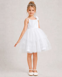White Flower Girl Dress 3D Floral Tiered Short Tulle Gown Side View