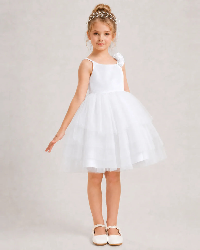 White Tulle A-line Girls Formal Dress Front View