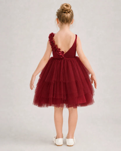 Windred Flower Girl Dress 3D Floral Tiered Short Tulle Gown Back View