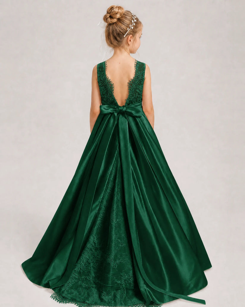 Dark Green A-line Girls Formal Dresses Back