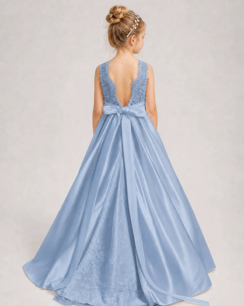 Dusty Blue A-line Girls Formal Dresses Back