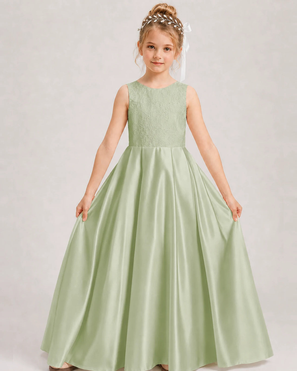 Sage Green A-line Girls Formal Dresses Front