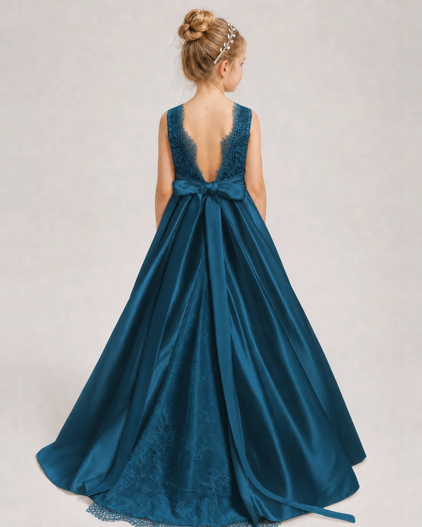 Teal A-line Girls Formal Dresses Back
