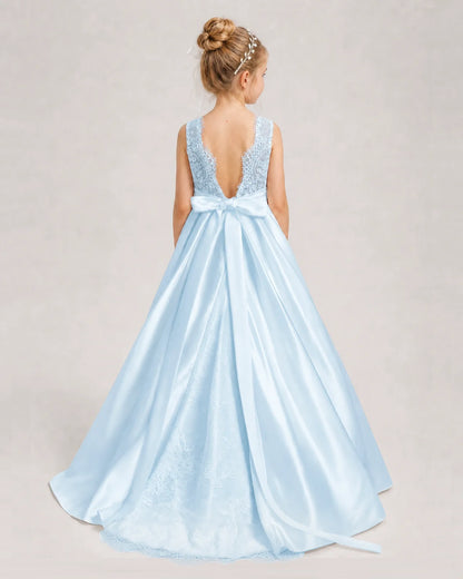 Dideyttawl White First Communion Dress | Sleeveless Lace Satin Ball Gown