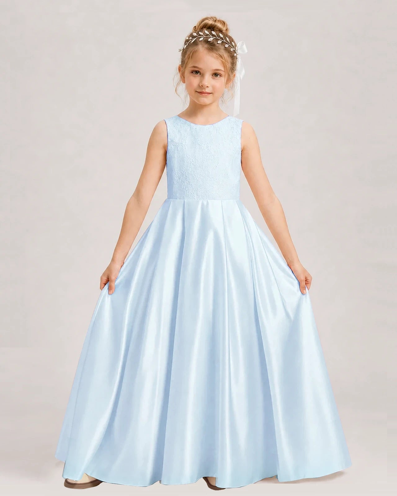 Baby Blue Flower Girl Dress Sleeveless Lace Satin Ball Gown Front View