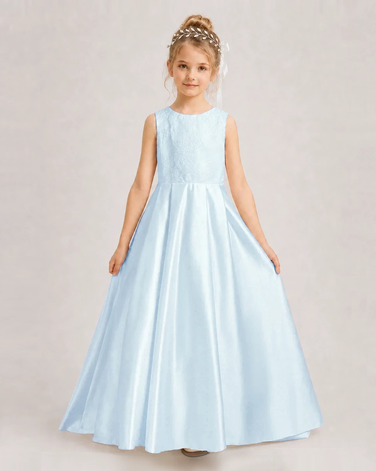 Dideyttawl White First Communion Dress | Sleeveless Lace Satin Ball Gown