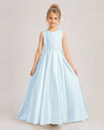 Baby Blue Flower Girl Dress Sleeveless Lace Satin Ball Gown Front View
