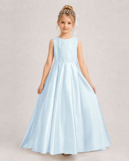 Dideyttawl White First Communion Dress | Sleeveless Lace Satin Ball Gown