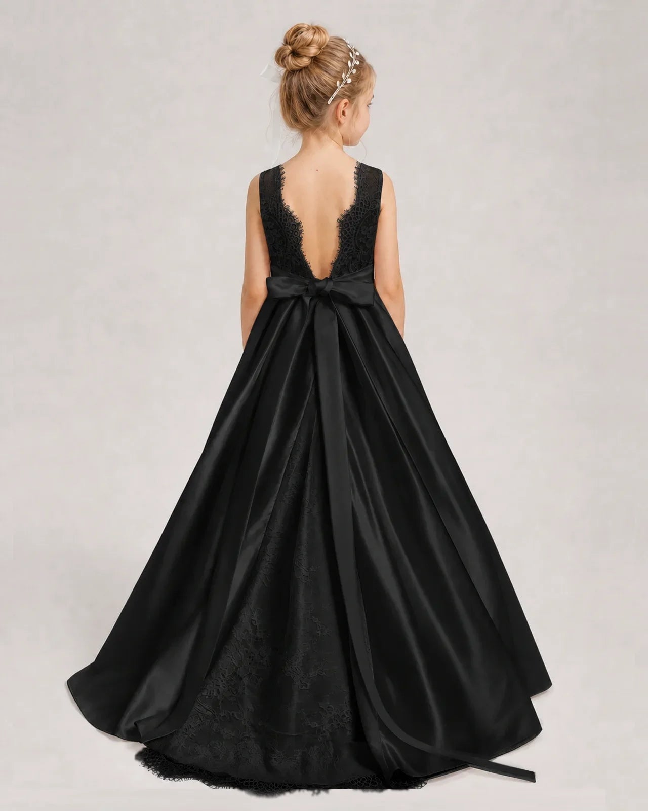 Black Flower Girl Dress Sleeveless Lace Satin Ball Gown Back View