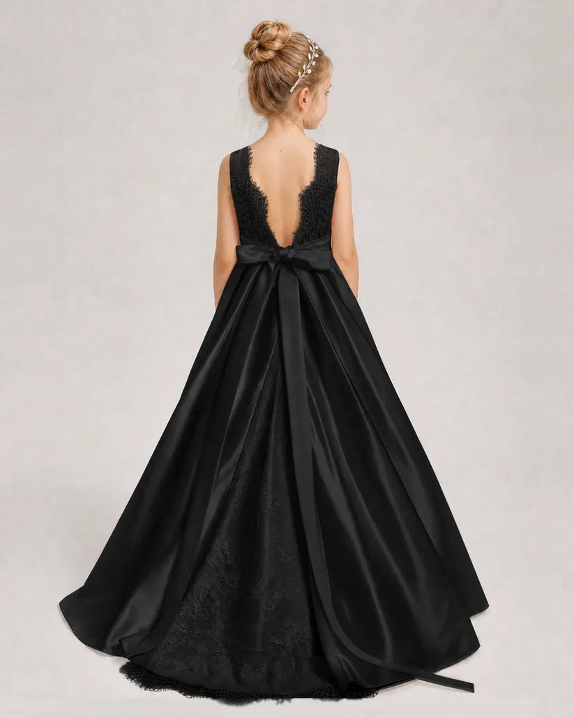 Black Satin A-line First Communion Dress Back View