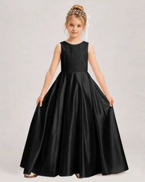 Black Flower Girl Dress Sleeveless Lace Satin Ball Gown Front View