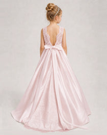 Blush Pink Flower Girl Dress Sleeveless Lace Satin Ball Gown Back View
