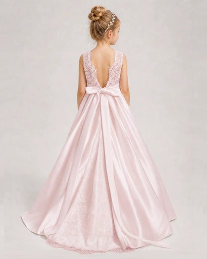 Dideyttawl White First Communion Dress | Sleeveless Lace Satin Ball Gown