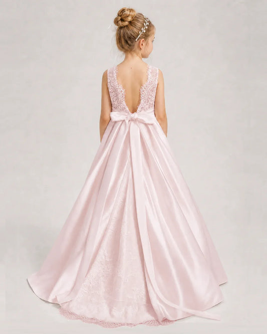 Blush Pink Satin A-line First Communion Dress Back View