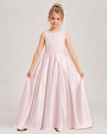 Blush Pink Flower Girl Dress Sleeveless Lace Satin Ball Gown Front View