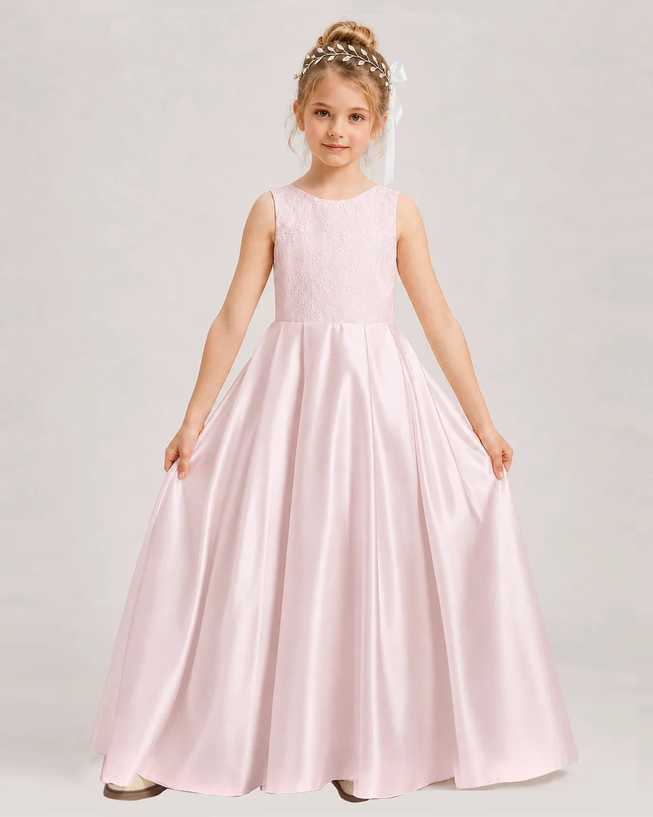 Blush Pink Flower Girl Dress Sleeveless Lace Satin Ball Gown Front View