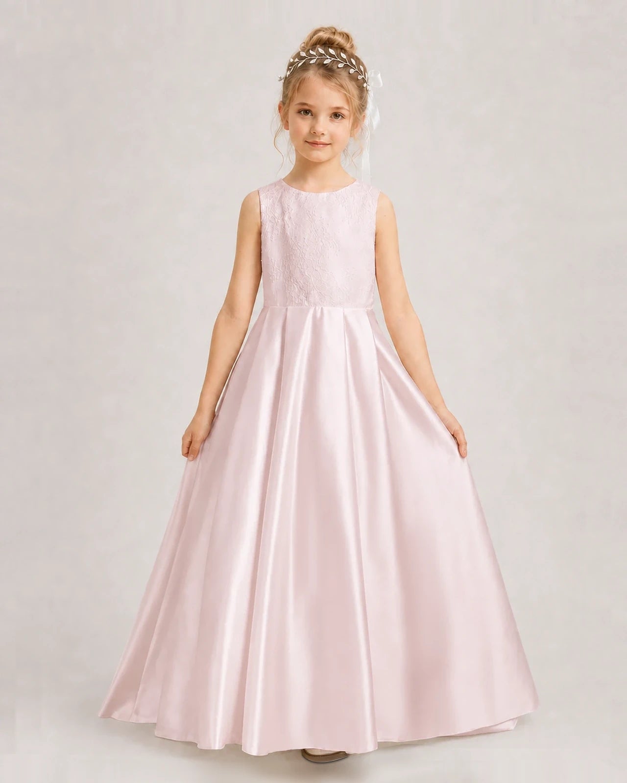 Dideyttawl White First Communion Dress | Sleeveless Lace Satin Ball Gown