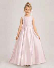 Blush Pink Flower Girl Dress Sleeveless Lace Satin Ball Gown Front View