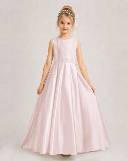 Dideyttawl White First Communion Dress | Sleeveless Lace Satin Ball Gown
