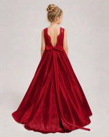 Burgundy Satin A-line First Communion Dress Back View