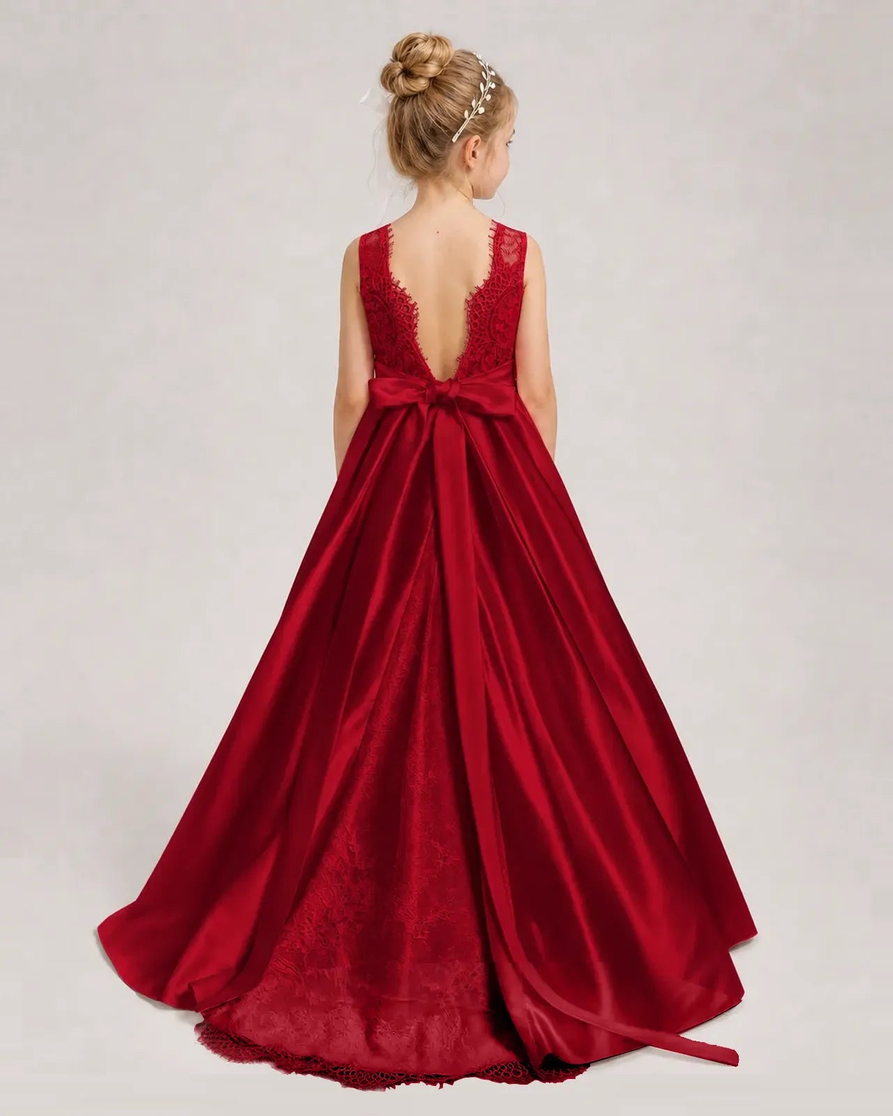 Burgundy Flower Girl Dress Sleeveless Lace Satin Ball Gown Back View