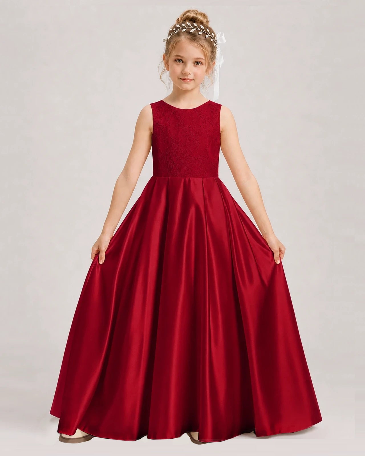 Dideyttawl White First Communion Dress | Sleeveless Lace Satin Ball Gown