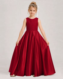 Burgundy Flower Girl Dress Sleeveless Lace Satin Ball Gown Front View