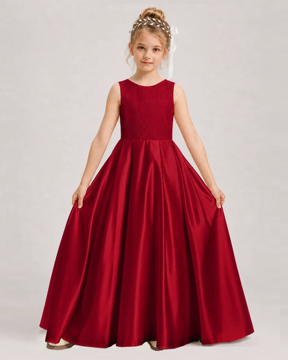 Dideyttawl White First Communion Dress | Sleeveless Lace Satin Ball Gown