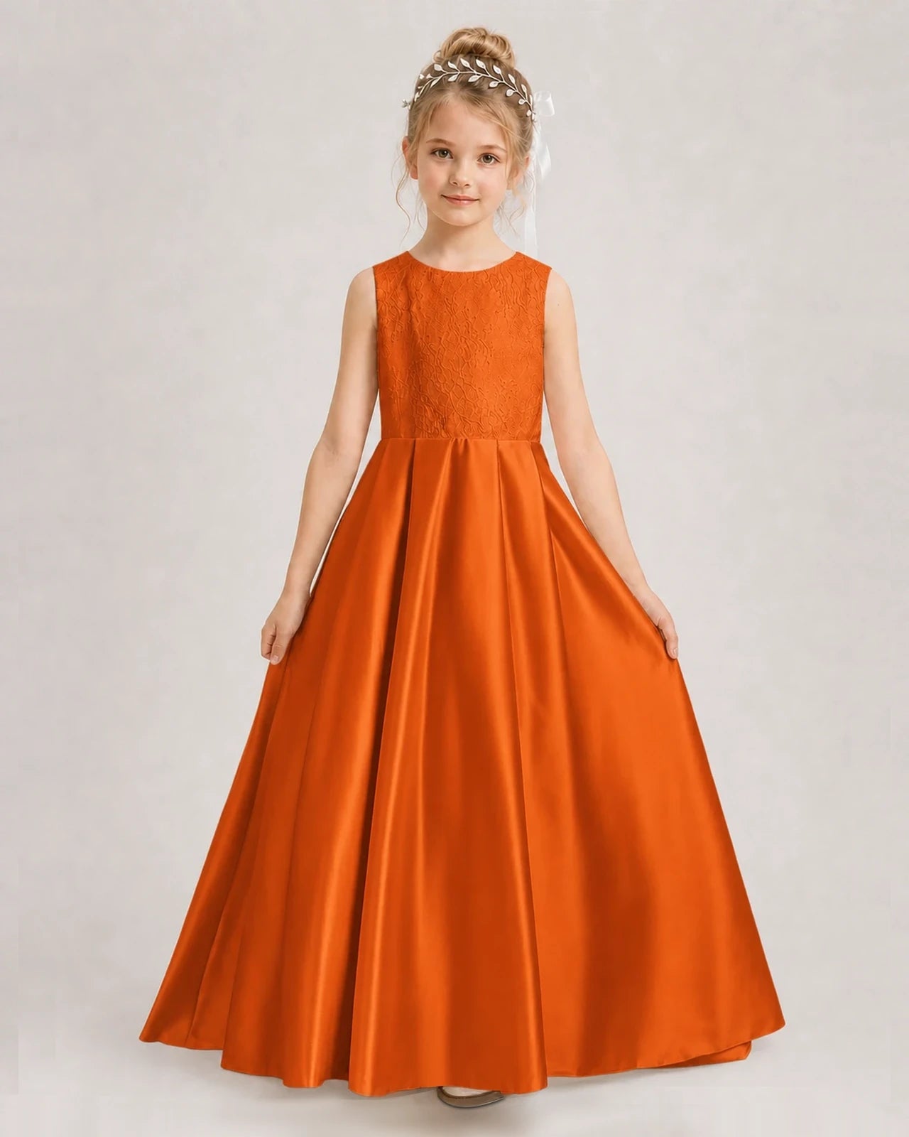 Burnt Orange Flower Girl Dress Sleeveless Lace Satin Ball Gown Front View