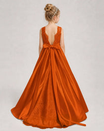 Burnt Orange Flower Girl Dress Sleeveless Lace Satin Ball Gown Back View