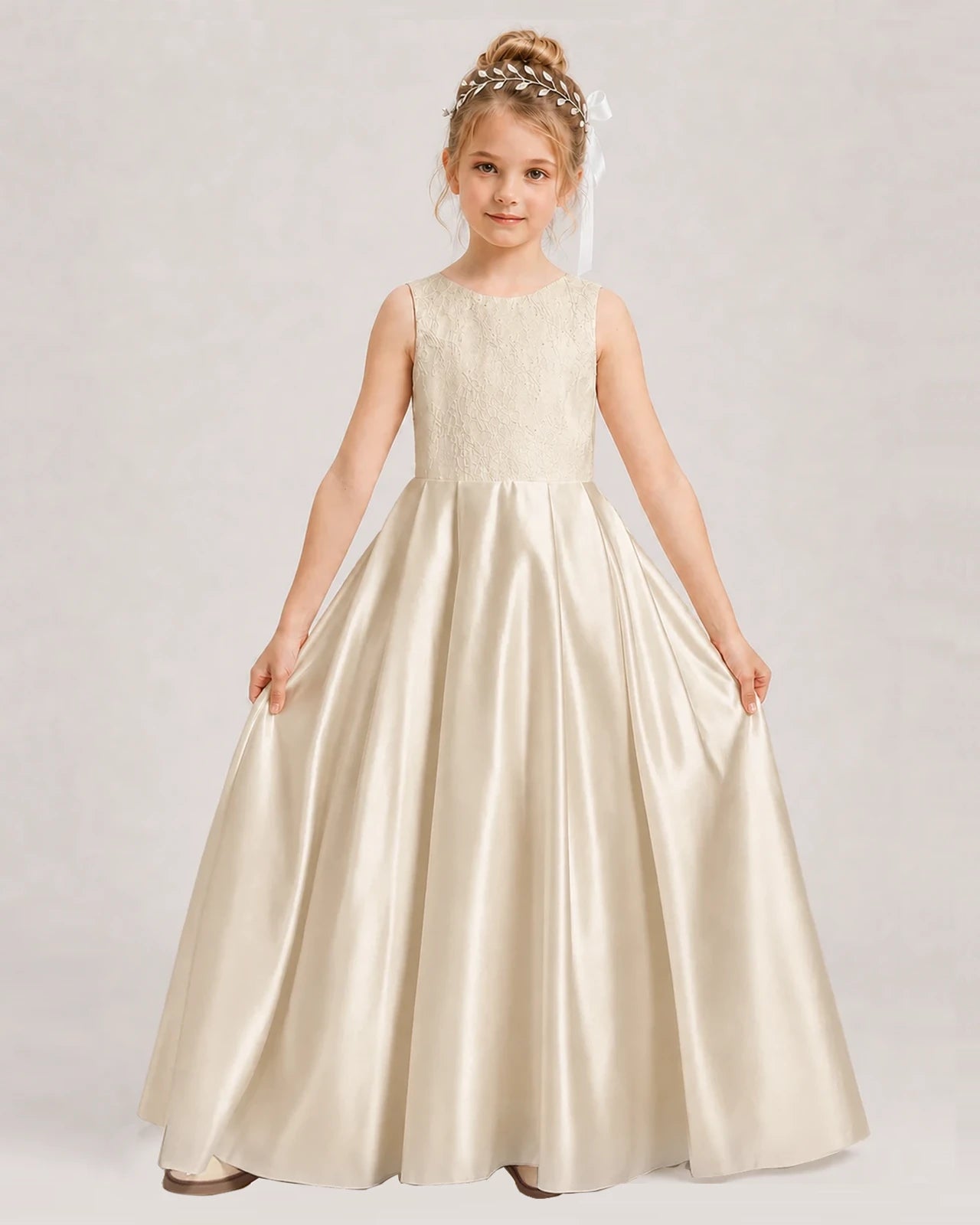 Dideyttawl White First Communion Dress | Sleeveless Lace Satin Ball Gown