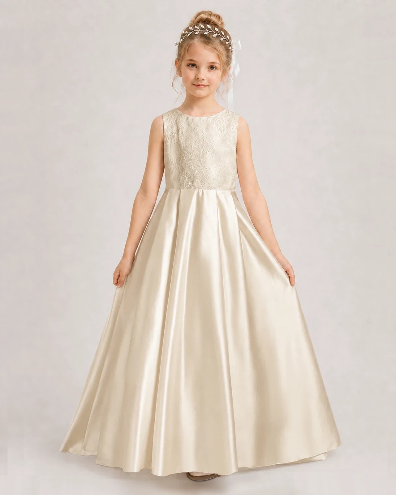 Dideyttawl White First Communion Dress | Sleeveless Lace Satin Ball Gown