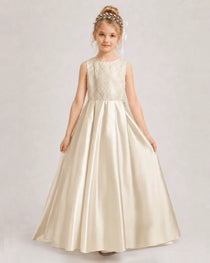 Champagne Flower Girl Dress Sleeveless Lace Satin Ball Gown Front View