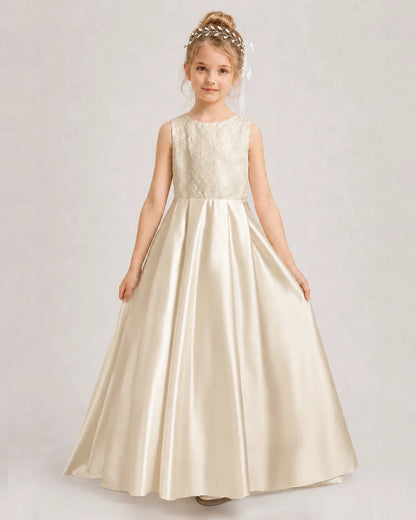 Dideyttawl White First Communion Dress | Sleeveless Lace Satin Ball Gown