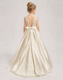 Champagne Flower Girl Dress Sleeveless Lace Satin Ball Gown Back View