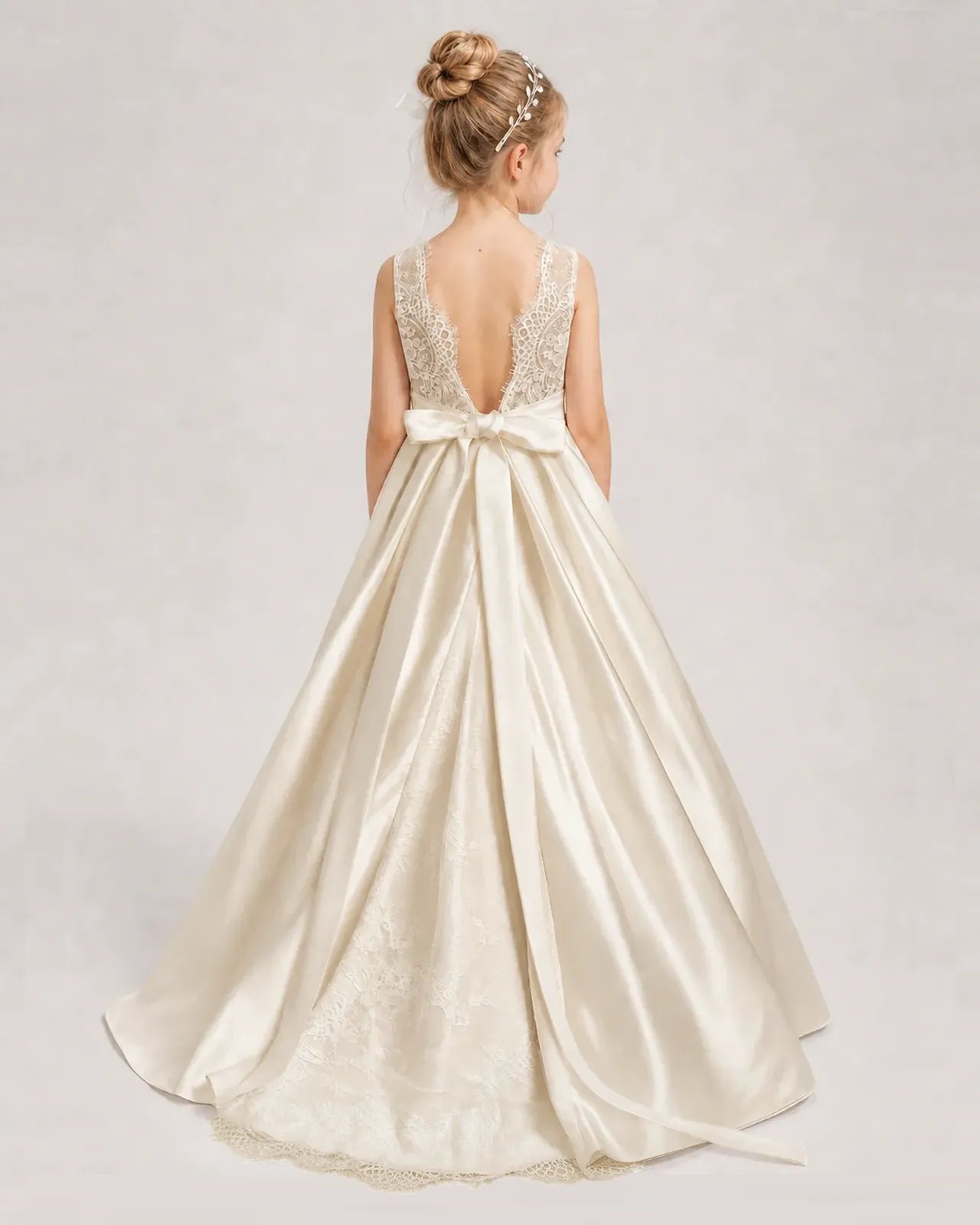 Champagne Flower Girl Dress Sleeveless Lace Satin Ball Gown Back View