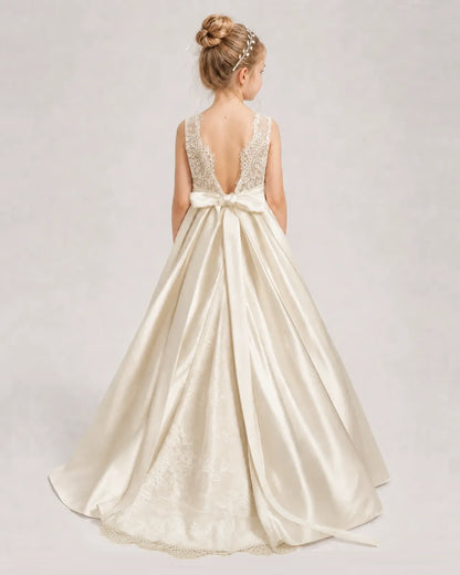 Dideyttawl White First Communion Dress | Sleeveless Lace Satin Ball Gown