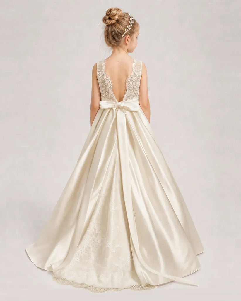 Champagne Satin A-line First Communion Dress Back View