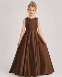 Chocolate Flower Girl Dress Sleeveless Lace Satin Ball Gown Front View