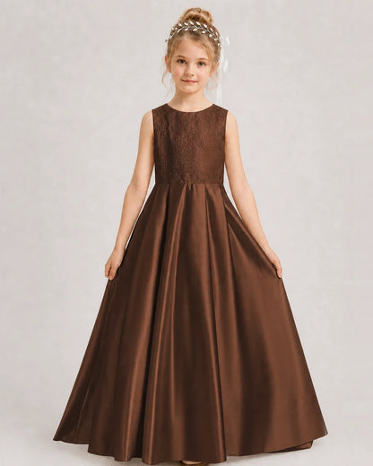 Dideyttawl White First Communion Dress | Sleeveless Lace Satin Ball Gown