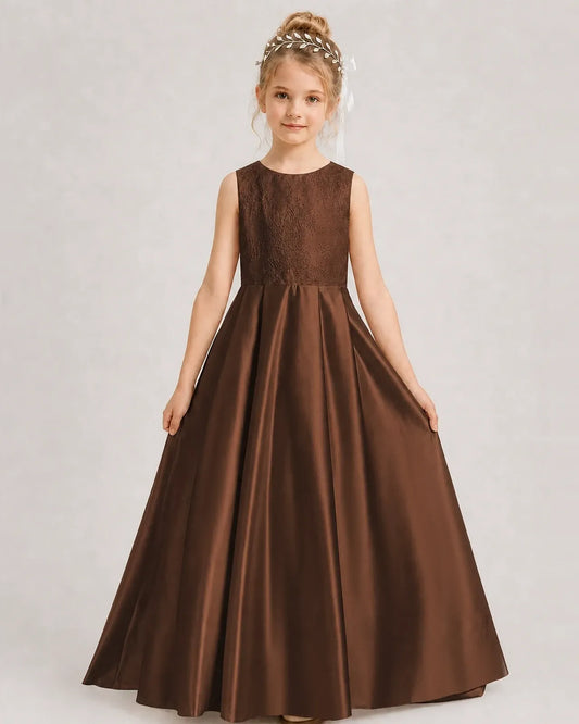 Chocolate Satin A-line First Communion Dress Front View