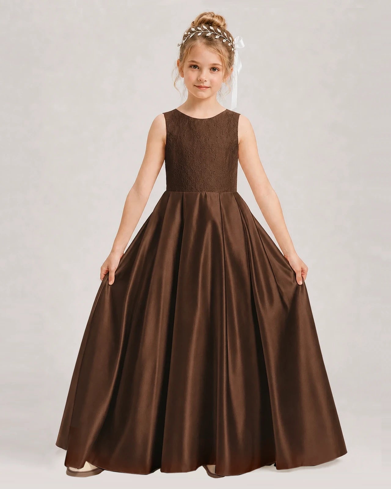 Chocolate Flower Girl Dress Sleeveless Lace Satin Ball Gown Front View