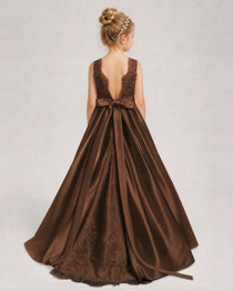 Chocolate Flower Girl Dress Sleeveless Lace Satin Ball Gown Back View