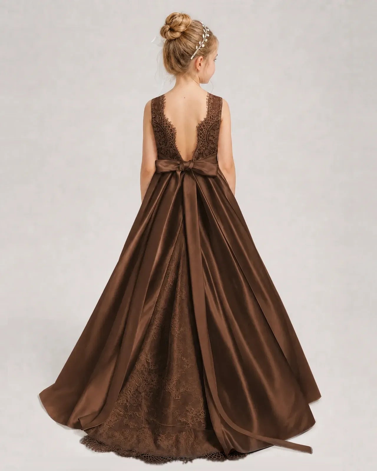 Chocolate Flower Girl Dress Sleeveless Lace Satin Ball Gown Back View