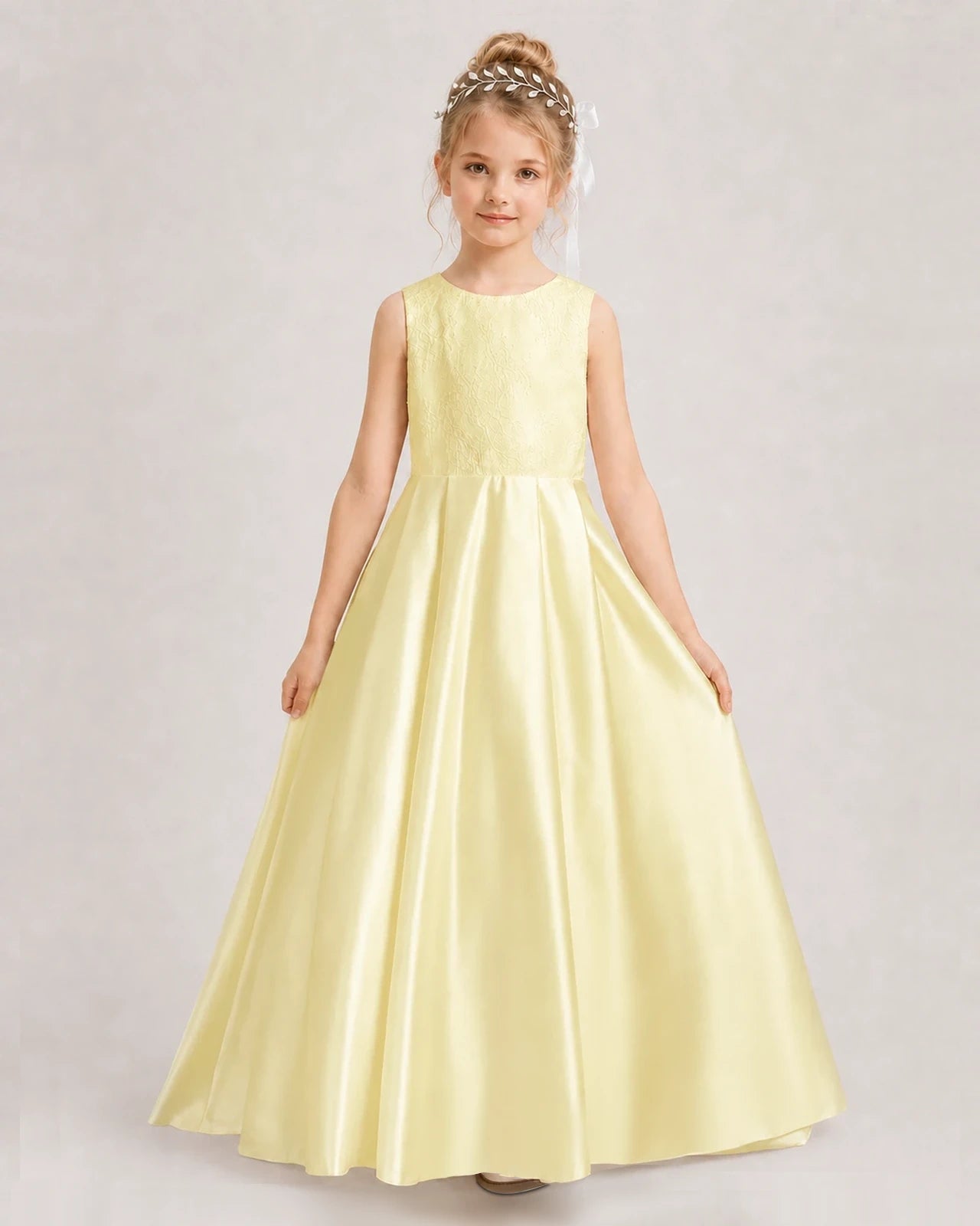 Dideyttawl White First Communion Dress | Sleeveless Lace Satin Ball Gown