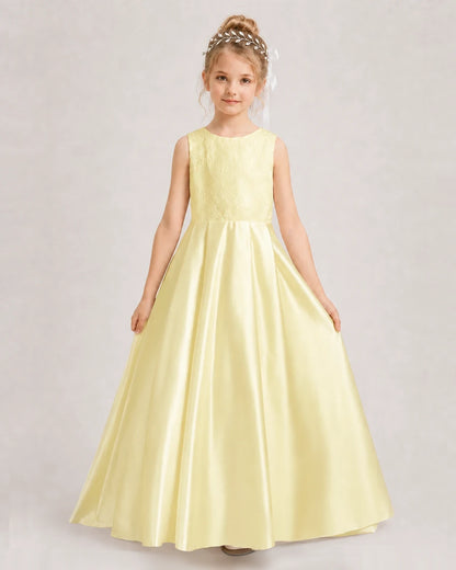 Dideyttawl White First Communion Dress | Sleeveless Lace Satin Ball Gown