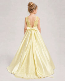 Daffodil Flower Girl Dress Sleeveless Lace Satin Ball Gown Back View