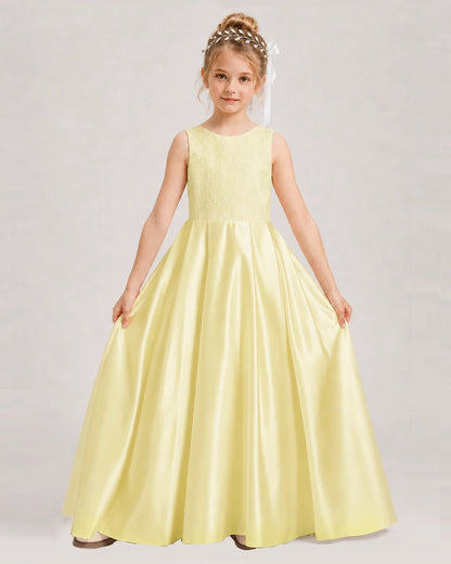 Dideyttawl White First Communion Dress | Sleeveless Lace Satin Ball Gown